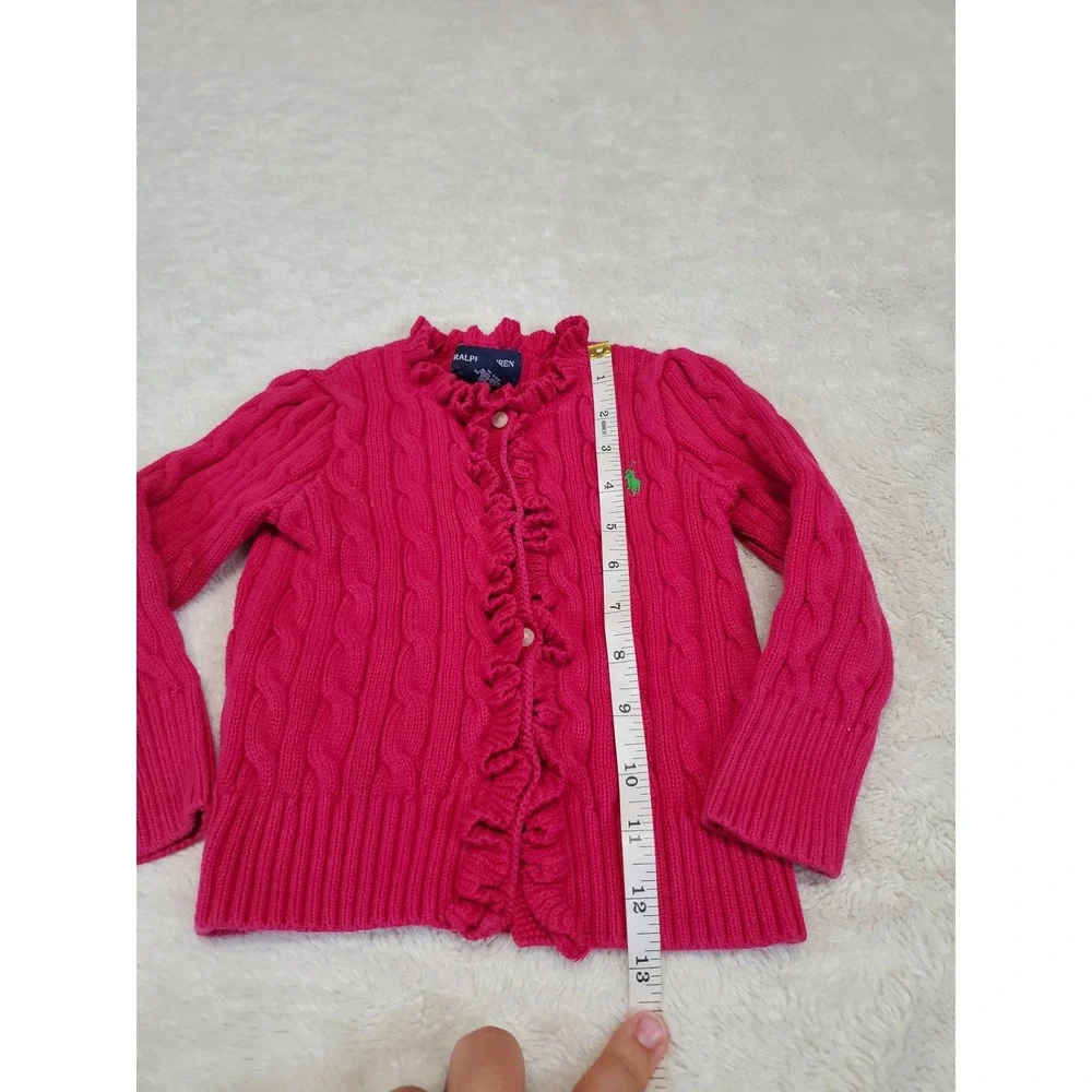 Ralph Lauren Bright Pink Cable Knit Button Ruffle Cardigan 2 2T Preppy Classic